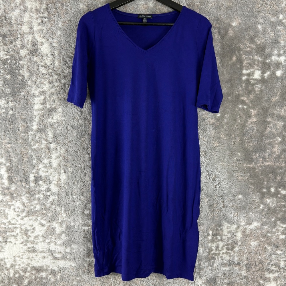 Eileen Fisher Size XS Minimalist V Neck Mini Shirt Dress Purple Blue Short Sleev